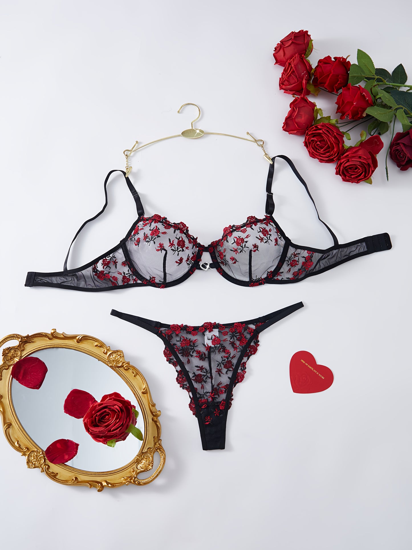 Christmas Gift Women'S Sexy Lingerie Combination Bra Underwear Chic Lingerie Set Available In Soft Pink, Elegant Black-Red, Romantic Burgundy, And Stylish Black-Blue, Vibrant Rose Embroidery On Sheer Mesh And Feminine Ribbon Details