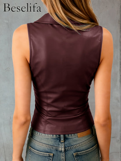 Ladies Lapel Sleeveless Slim Fit Casual Versatile Elegant Vest | Suitable for Daily Wear, Casual Dates, Parties, Solid Color, Zipper Detail, Spring/Summer Season