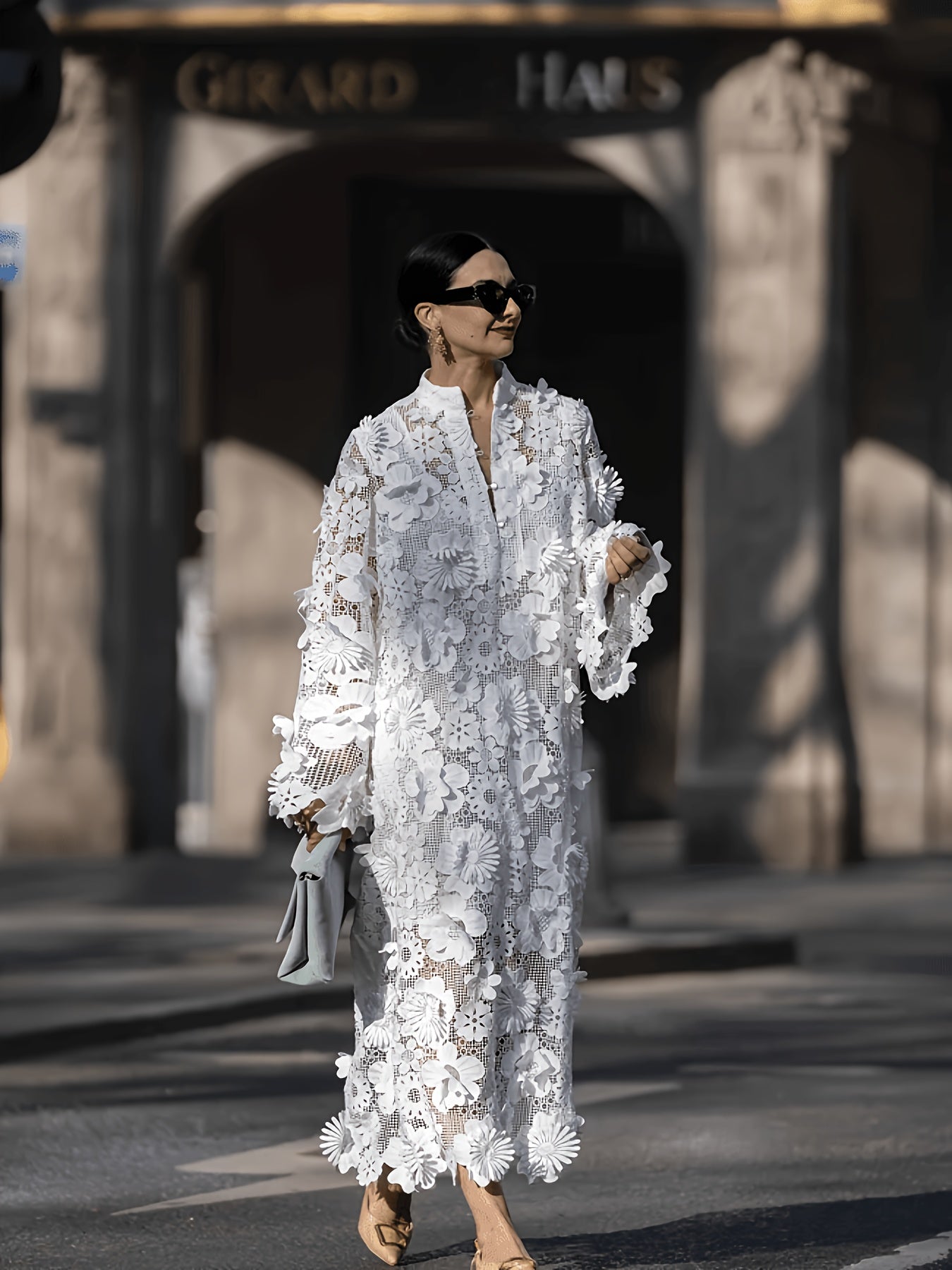 Elegant Women's Solid-Color Round-Neck Long-Sleeve Dress with Lace-Up 3D Floral Design Perfect for Parties, Weddings, Dates, Travel, And Commuting