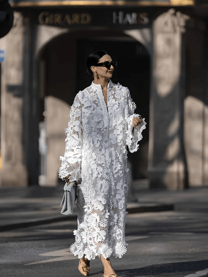 Elegant Women's Solid-Color Round-Neck Long-Sleeve Dress with Lace-Up 3D Floral Design Perfect for Parties, Weddings, Dates, Travel, And Commuting