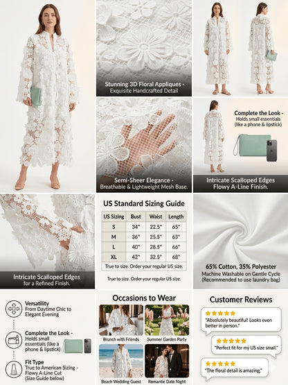 Elegant Women's Solid-Color Round-Neck Long-Sleeve Dress with Lace-Up 3D Floral Design Perfect for Parties, Weddings, Dates, Travel, And Commuting