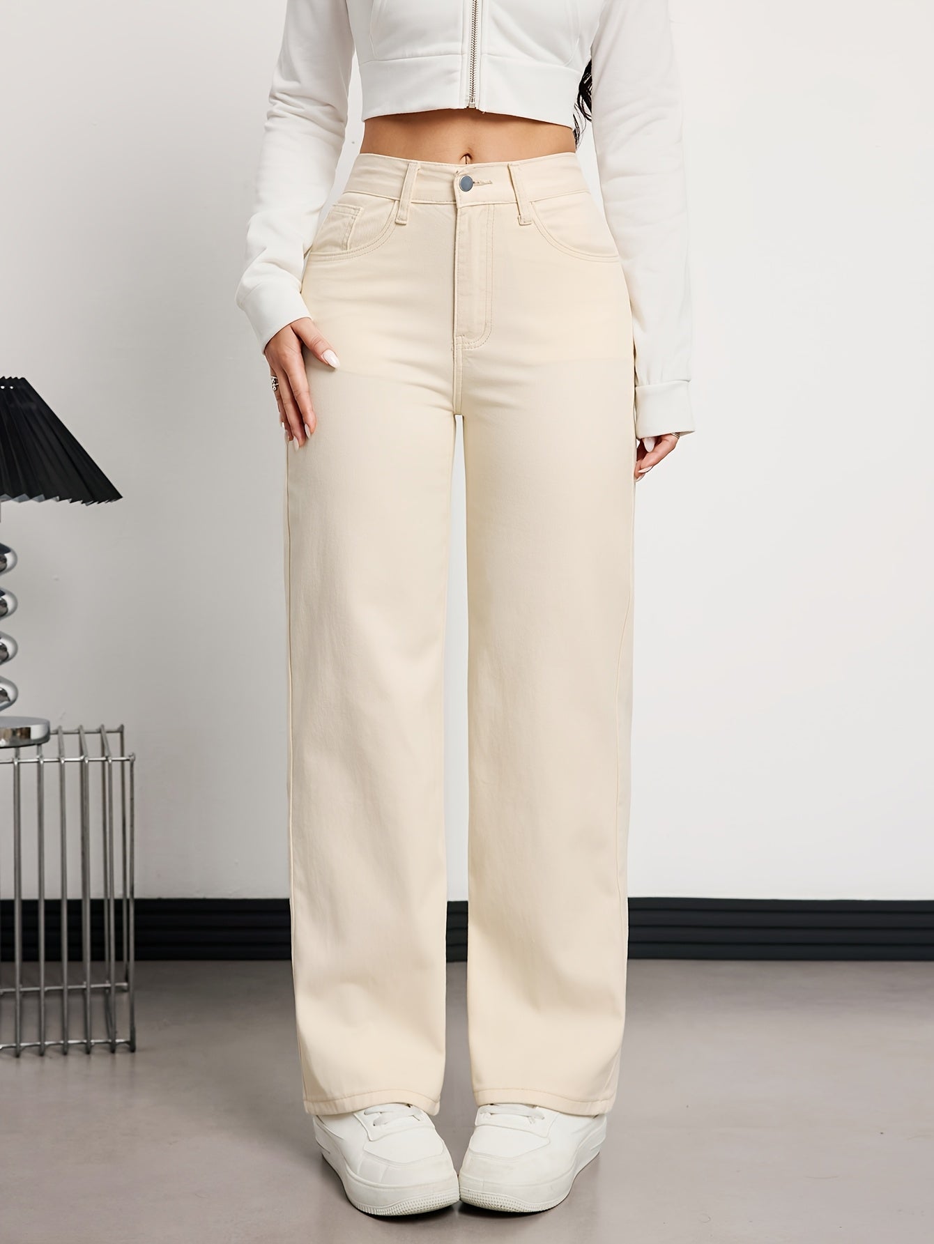 Women's High-Waisted Straight-Leg Jeans Pants - Beige Beige Denim, Belted Waist (No-Stretch -like Fabric), All-Season Trousers for Casual & Formal Wear, Classic Tailored Fit (Machine Washable) - Brown Jeans