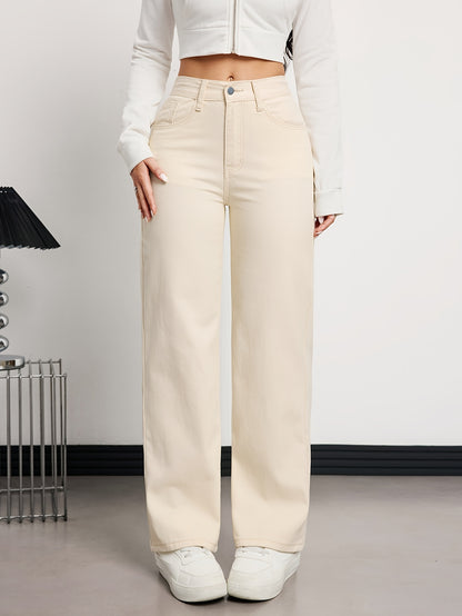 Women's High-Waisted Straight-Leg Jeans Pants - Beige Beige Denim, Belted Waist (No-Stretch -like Fabric), All-Season Trousers for Casual & Formal Wear, Classic Tailored Fit (Machine Washable) - Brown Jeans