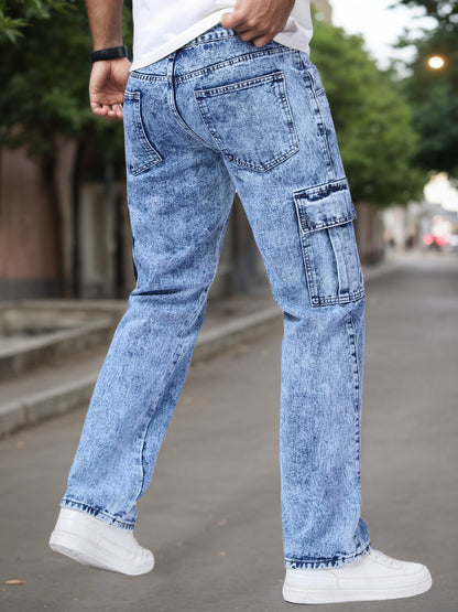 Men's Workwear Jeans: Multi-pocket Design, Loose Straight-leg Fit. Casual Street Style, Comfortable and Versatile, Suitable Casual Outfits, Fashionable Long Pants Straight-leg Jeans Durable Fabric, Suitable All Seasons