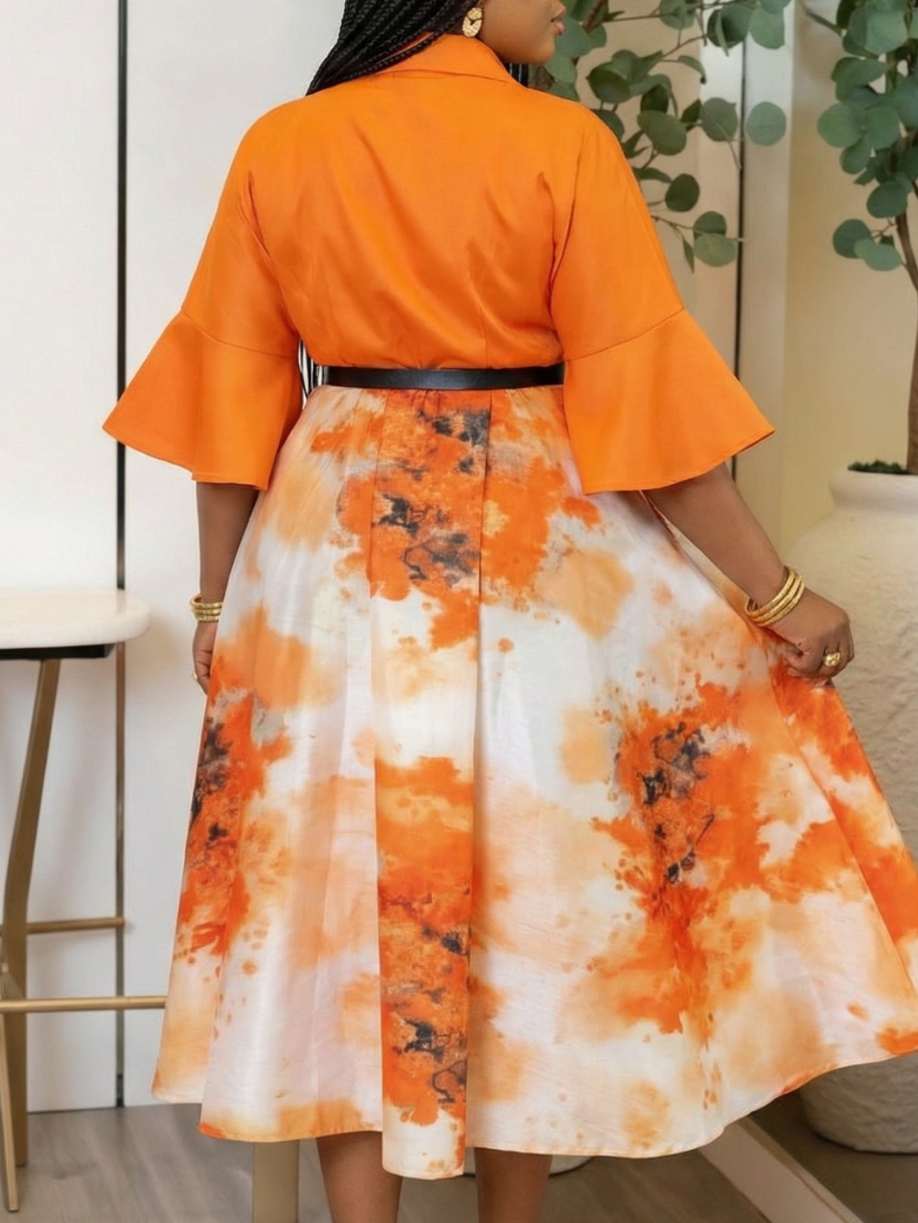 Plus Size - Plus Size Women'S Spring/Summer Flared-Sleeve Waist-Adjusted Printed Dress | Fashion Color-Block Design Showcasing Vibrant Temperament, Ideal for Daily Outings & Light Social Occasions, Creating Exquisite Eye-Catching Looks