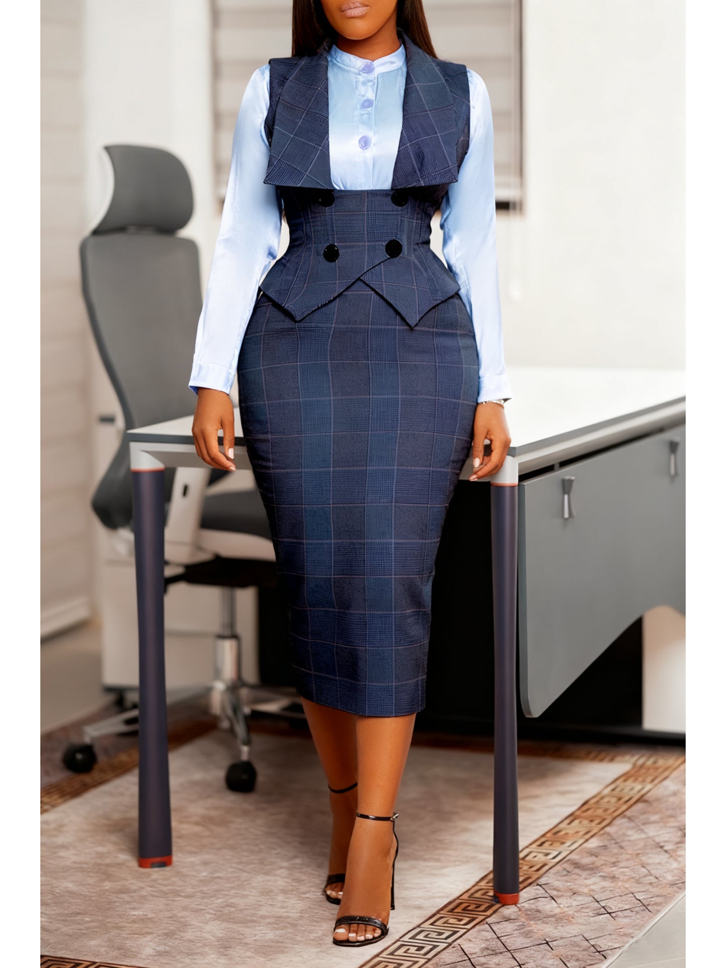 New Sexy Button Plaid Pencil Skirt Bodycon Skirt Set 2pcs Women's Seasonal Checkered Sleeveless Vest + High-Waisted Skirt Set | Intellectual Commuting Design, Creating A Professional Look, Suitable for Office Work And Business Meetings