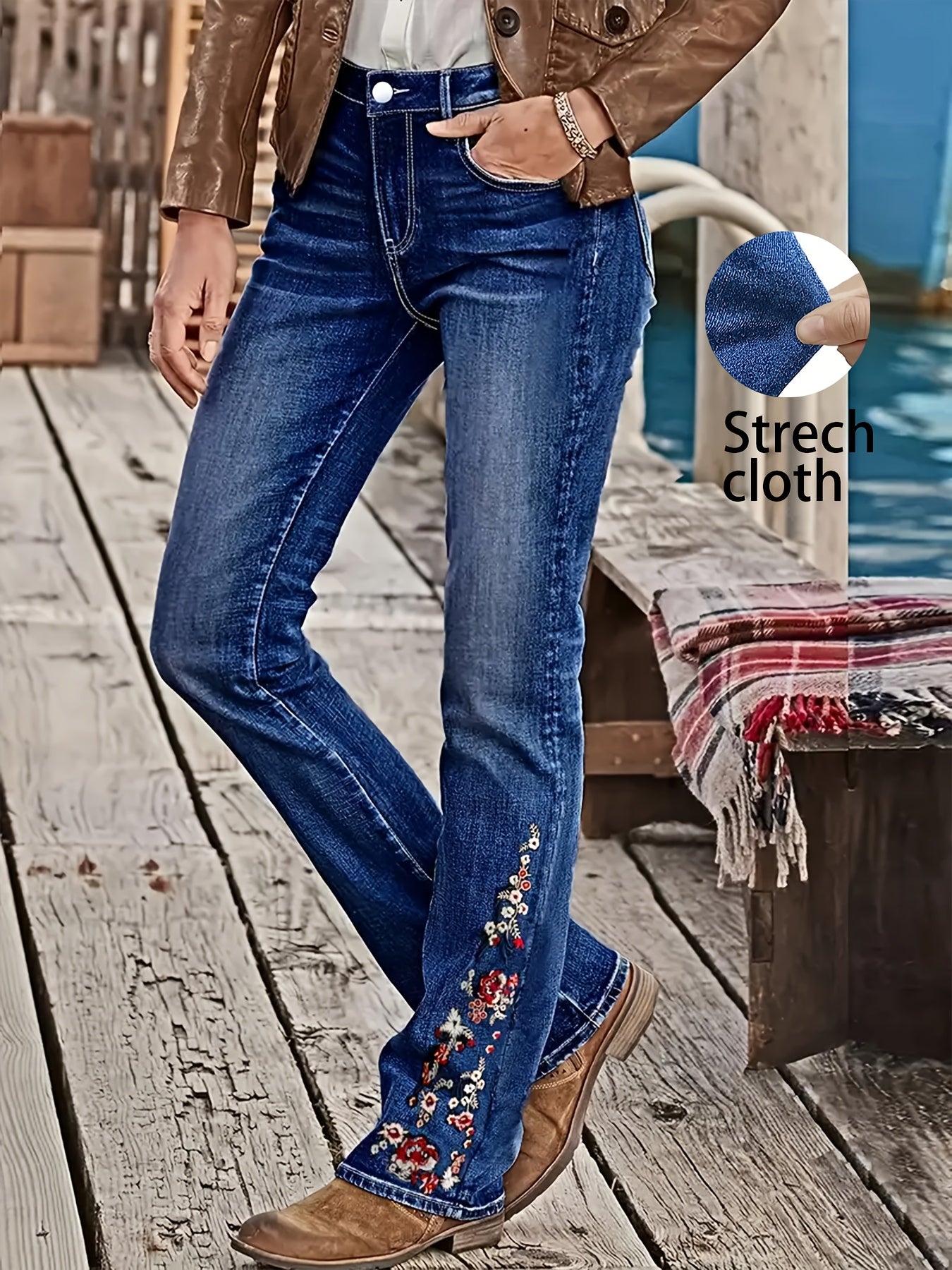 Women's Plus Size Light Blue Solid Denim Jeans - Side Ankle Floral Embroidery Whiskered Flared Legs High-Waisted Medium Stretch - Elegant Comfort Date Night Outing Plus Size Denim