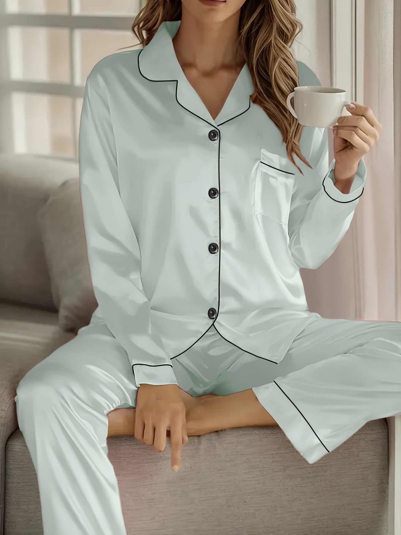 Women's Satin Casual Comfortable 1 Set 2pcs Pajama Outfit, Turn- Collar Long Sleeve Top & Elastic Waistband Trousers Women's Sleepwear