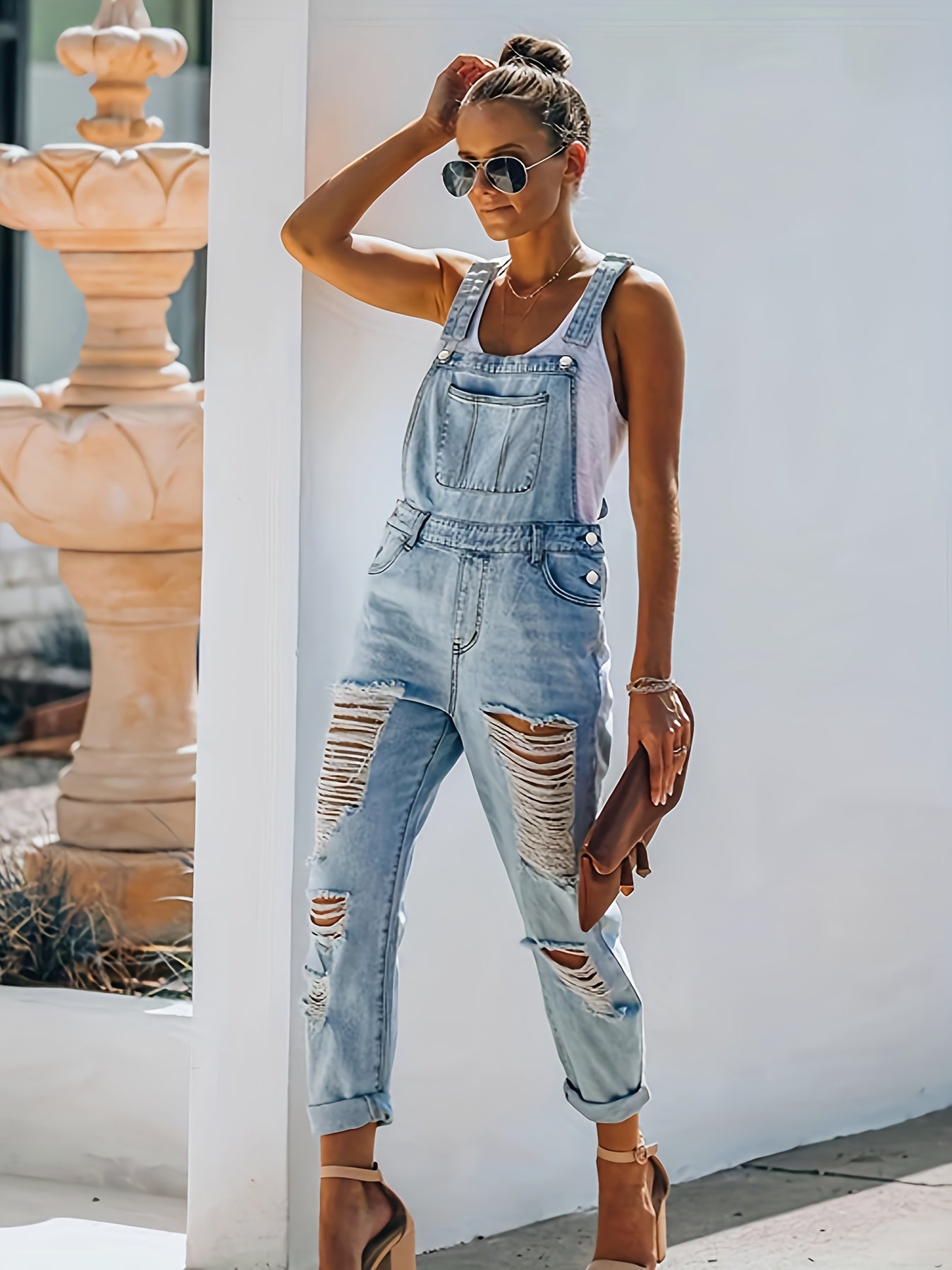 Women'S Blue Denim Overalls Featuring Adjustable Straps, Distressed Accents, And Pockets - a Stylish Backless Jumpsuit Perfect for Gatherings And Outings, Ideal for Outdoor Activities | Rigid Denim Fabric