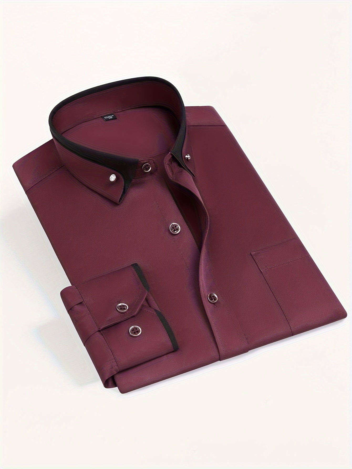Color Block Fold-Up Collar Crystal Buckle Formal Shirt Men'S Long Sleeve Contrast Color Stretch Iron-Free Business Casual Top with Loan Fashion Cardigan Shirt