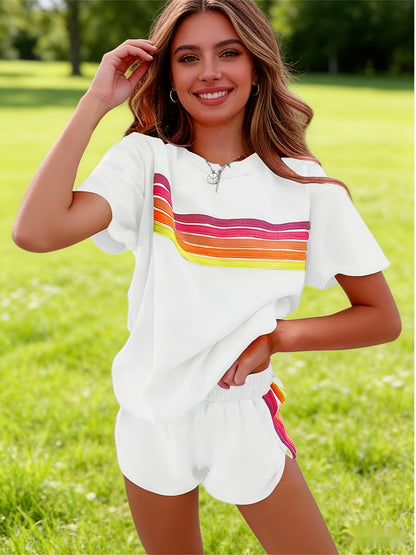 2pcs Set Elevate Your Style with Our Chic Color-Block Shorts Set in White, Blue, Pink, Or Light Brown