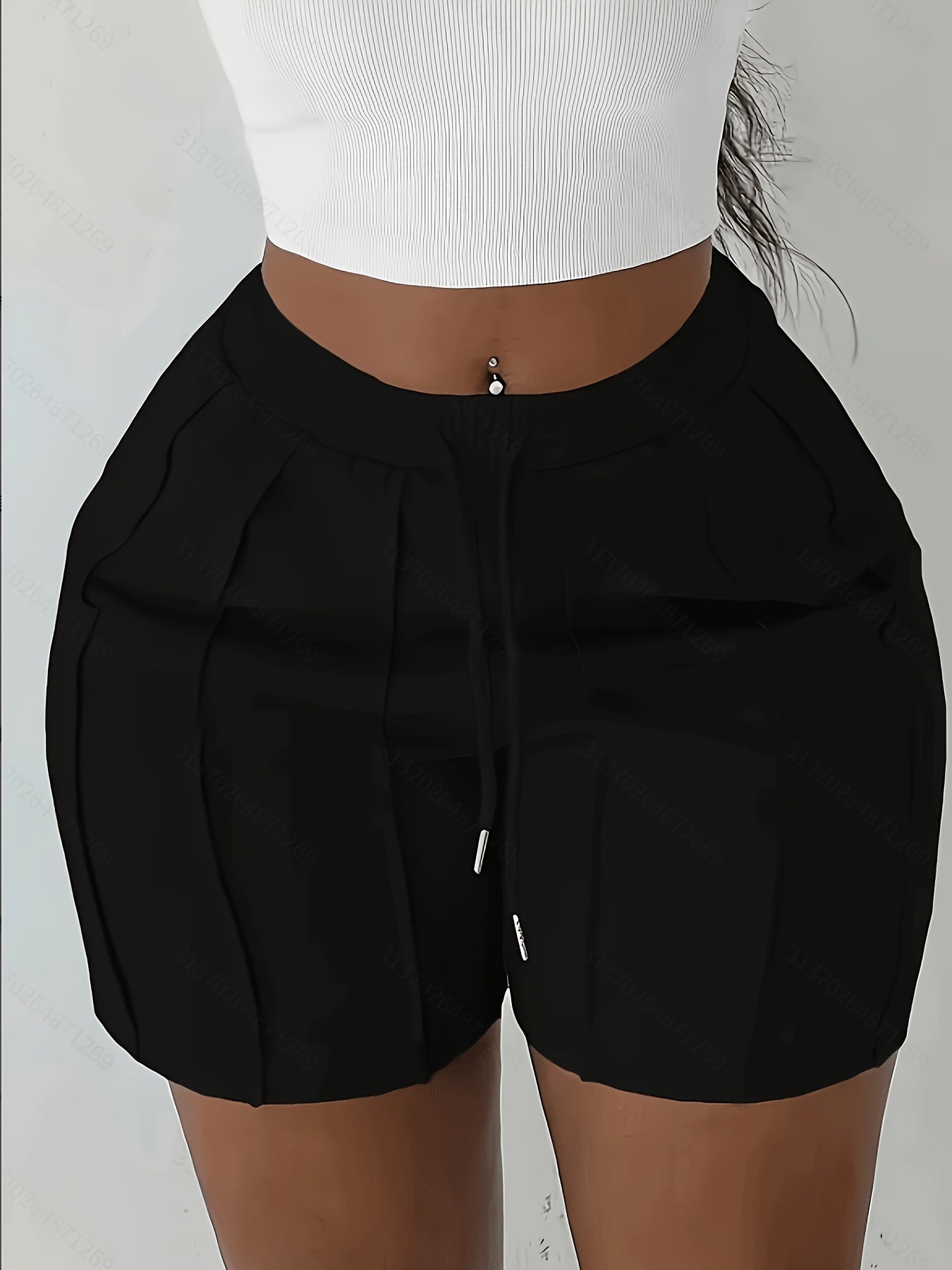 Plus Size, (4pcs 97894 Solid Color Drawstring Shorts, Casual Elastic Waistband, Spring/Summer Women's Wear, Casual Style, Spring/Summer/Autumn)