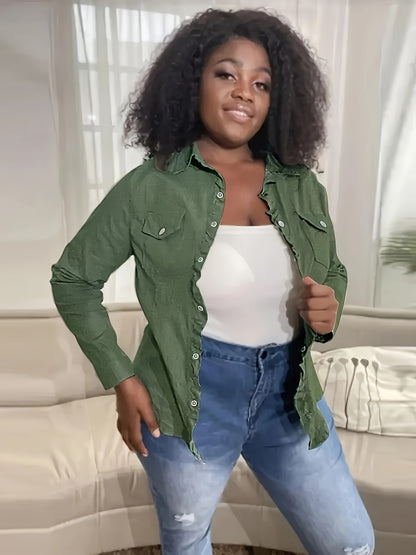 Solid Color Long Sleeve Button Up Retro Style Flap Pocket Denim Shirts Top, Women's Denim Jeans & Clothing