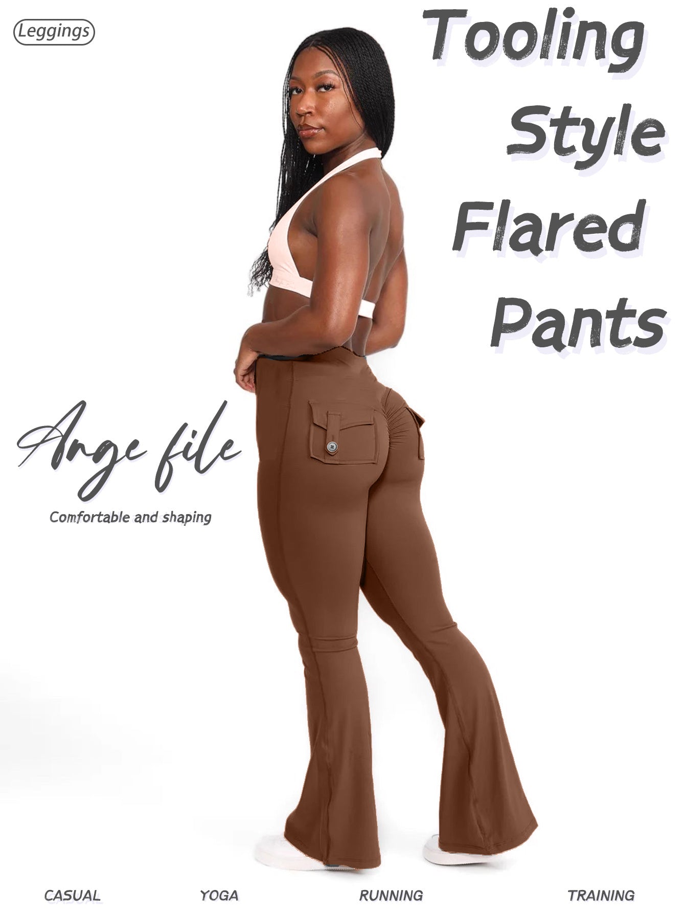 FOEIERAA 1pc Fashion Workwear Style Flare Pants, Women's Casual Flare Pants, High-Waist Pocket Joggers, Workwear Style Peach Butt Yoga Pants, Quick-Dry Tummy Control Butt Lifting Sexy Long Pants, Flare Leggings