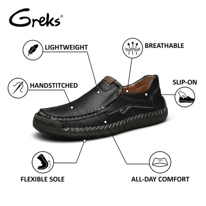 GREKS New Hand-Stitched Men's Outdoor Casual Shoe Slip-On Flat Shoe Spring Low-Cut Breathable Plus Size Loafers