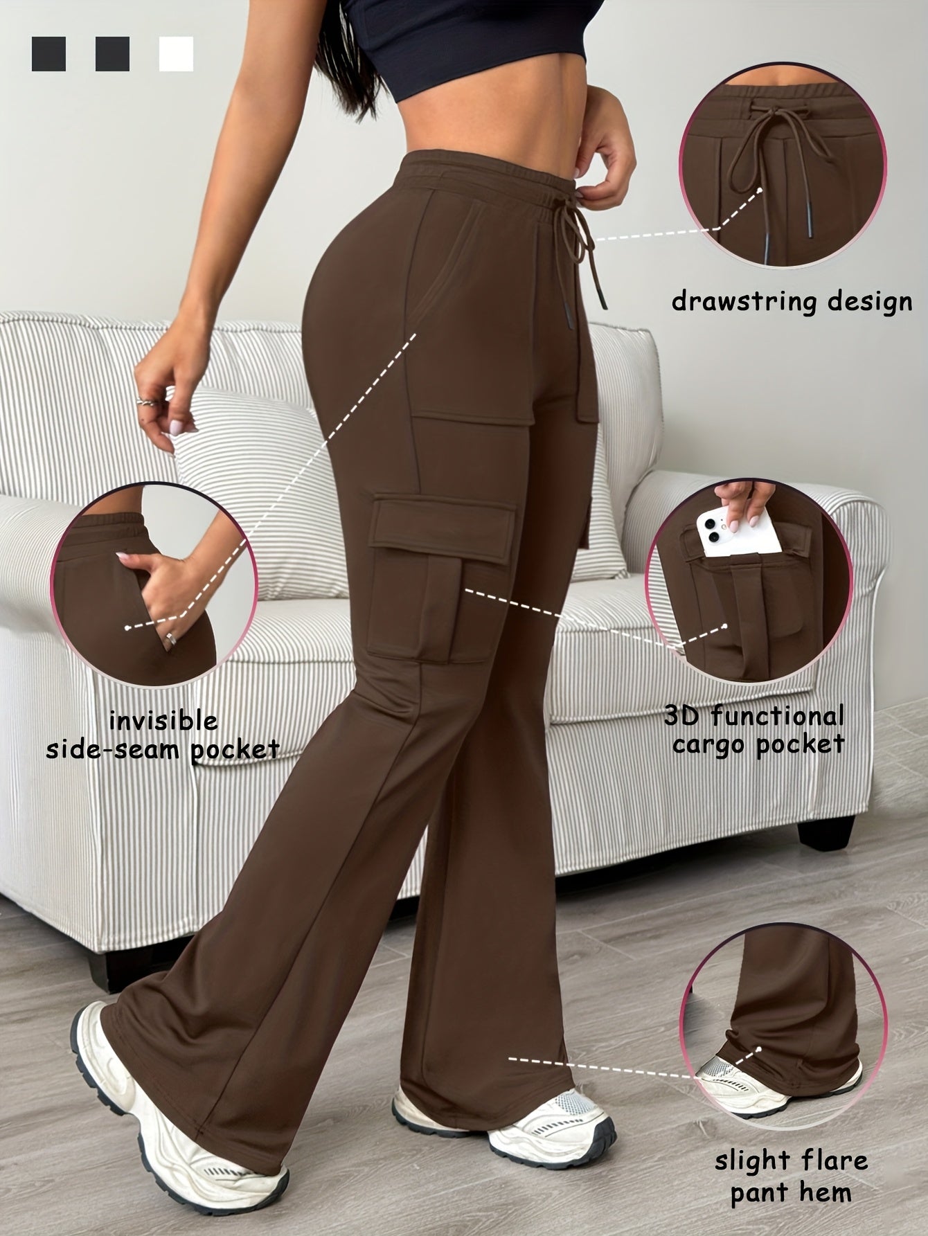 Women'S Solid Color Casual Drawstring Wide-Leg Sweatpants With Pockets, Elastic Waist Micro Flare Cargo Pants, Stretchy Pants For Daily Casual & Wear