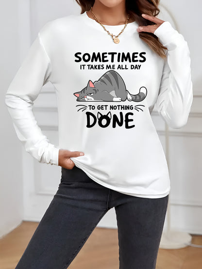 Casual Top Featuring a Round Neck And a Cartoon Cat Print, Suitable for Machine Washing, Designed for a Regular Fit in Spring, Autumn, And Winter, Made from Comfortable Fabric