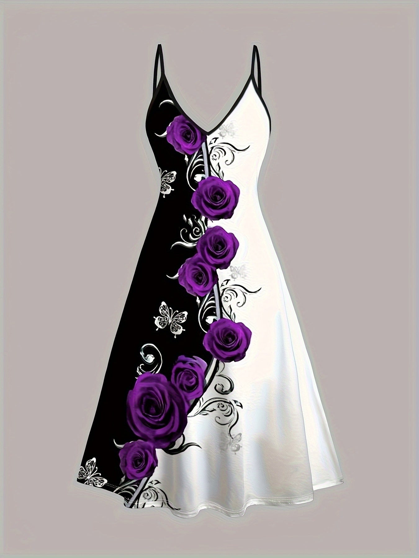 Women's Dress Set with Contrast Color Rose and Butterfly Print Dress and Cardigan Dress, Vacation Casual Rose Valentine's Day Dress Set