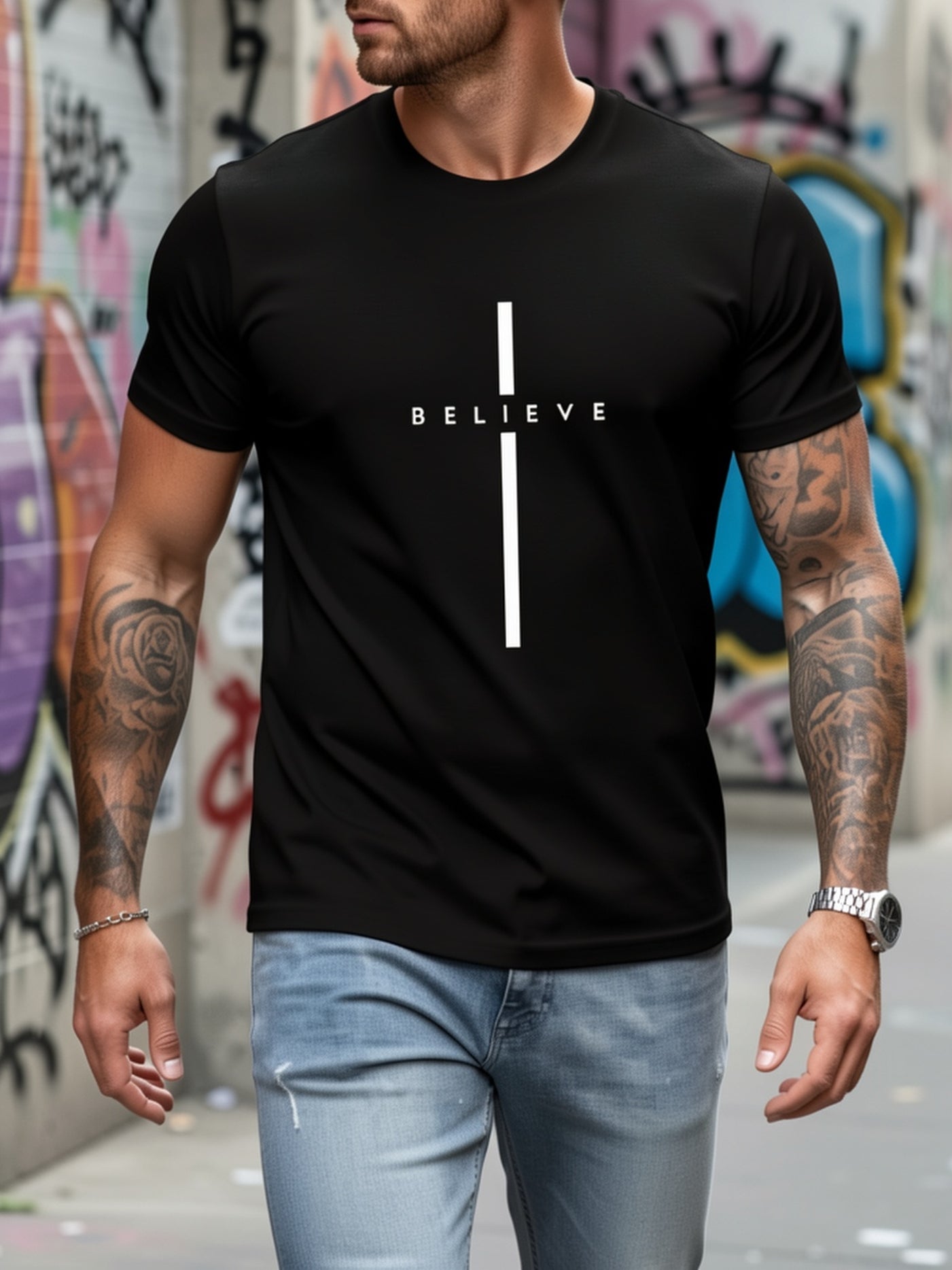 Men's BELIEVE Pattern T-Shirt- Black with White Print, Regular Fit Casual Summer Short Sleeve, Machine Washable, Street Style Design, Simple Comfortable Fabric, Lightweight Top, Trendy Streetwear Essential
