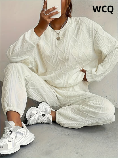 2025 Fall Fashion Hit! Women's Ribbed Casual Two-Piece Set: Long-Sleeve Top And Jogger Pants, Soft Polyester Material, Eye-Catching for Daily Wear, Must-Have for Casual Chic Styles