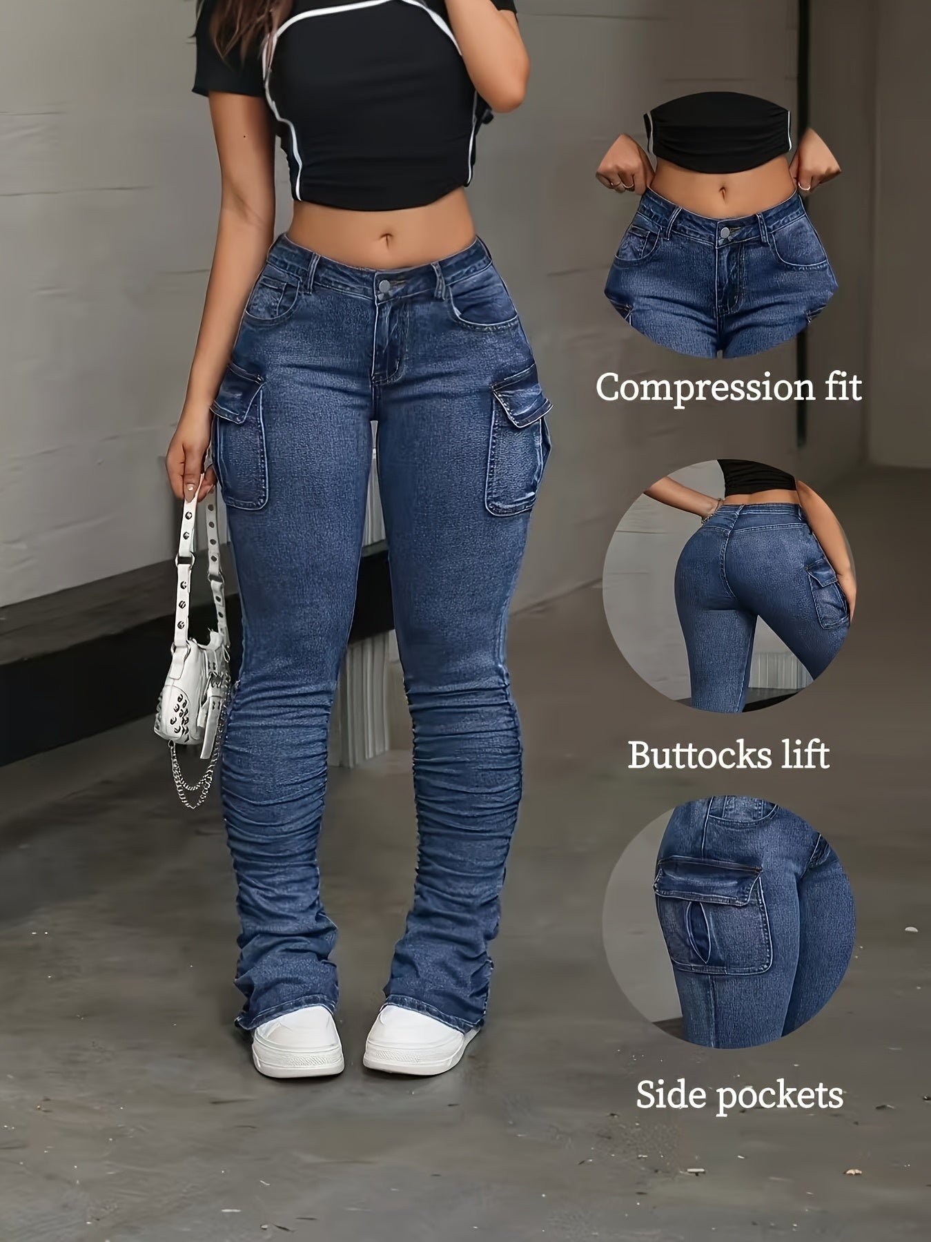 Plus Size Women'S Cargo Patchwork Sexy Jeans with Side Pockets