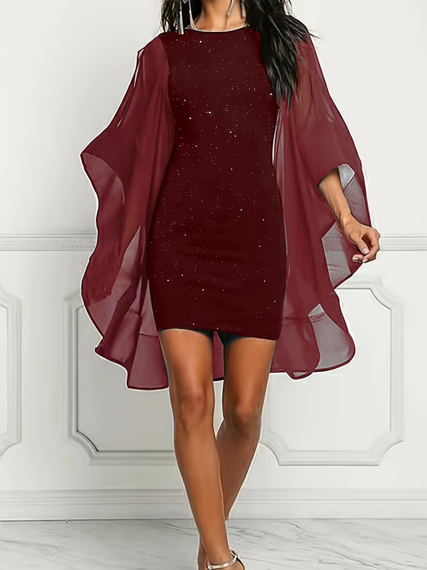 A-Line Dress with Solid Color Sequins, Stylish Mesh Sleeves for Spring And Summer, Women'S Apparel