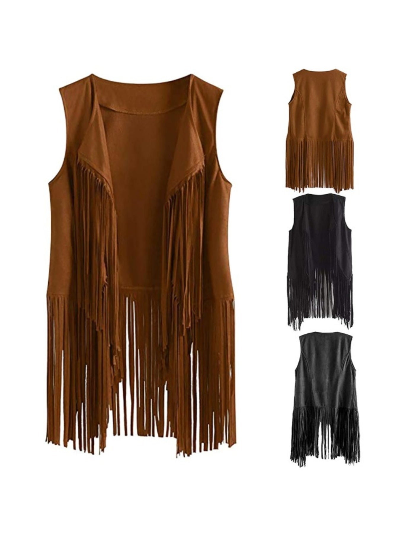 Women' Faux Suede Fringe Vest with Tassels - Western Cowgirl Jacket, Soft Flip-Collar Sleeveless Waistcoat Coat for All-Season Wear, Casual Outfits & Themed Events (Medieval Renaissance Fair) - Solid Color Plain Matching Outerwear