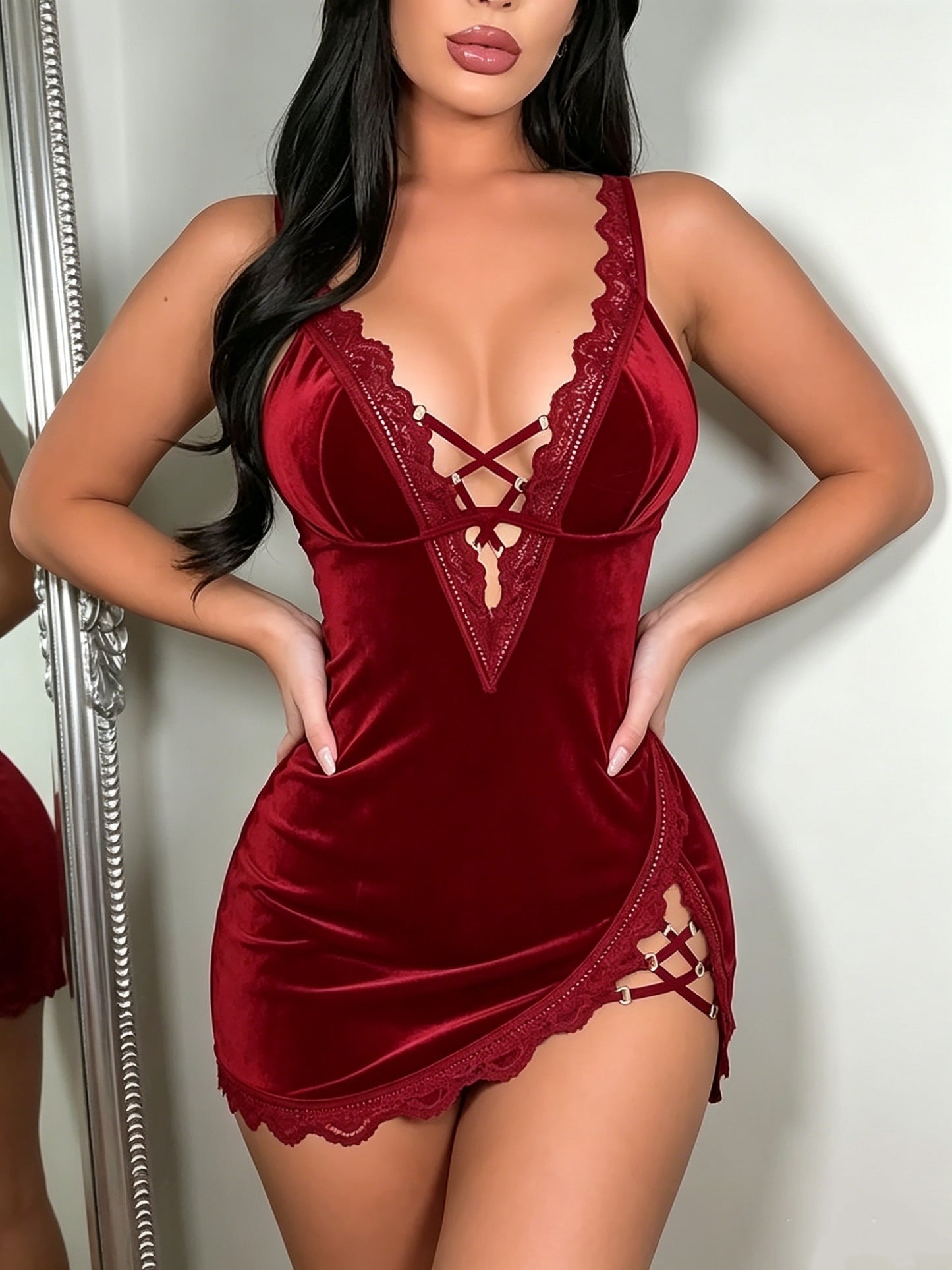 New Spring/Summer Gift: Light Luxury High-End Solid Color Lace Patchwork Tie-Up V-Neck Side-Slit Backless Slim-Fit Velvet Dress. Soft and Comfortable Fabric, Light Luxury and High-end