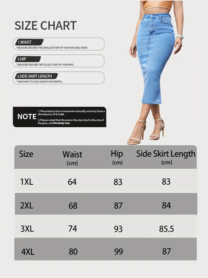 Women's Stretch Denim Midi Skirt - Soft Elastic Waist Slim Fit Pencil Skirt with Side Pockets, Machine Washable Casual to Dressy Versatile for Spring Summer Fall