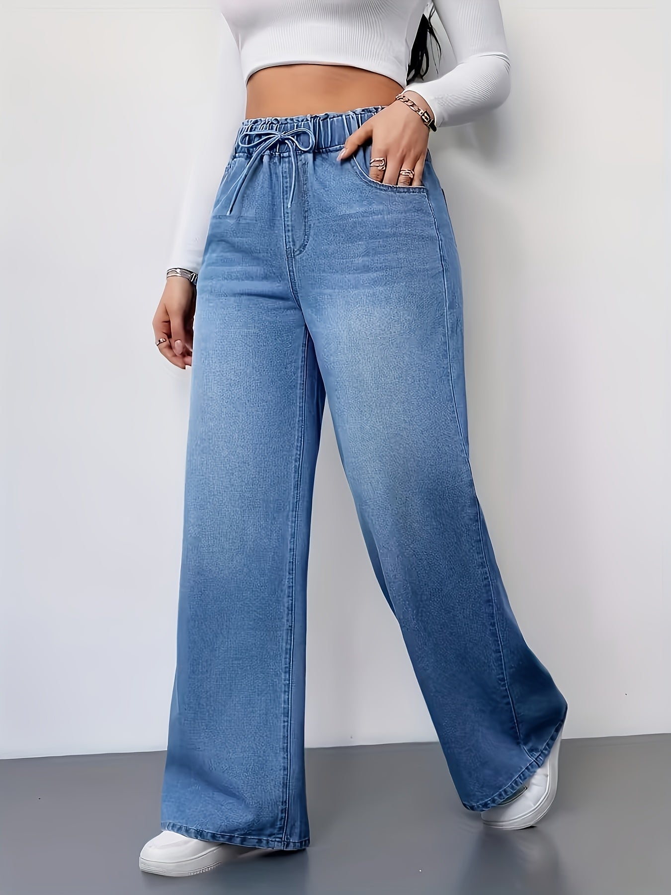 Women'S Washed Solid-Color High-Waisted Denim Pants Stylish Casual Elastic Drawstring Waistband Wide-Leg Pants Versatile Commuter Style