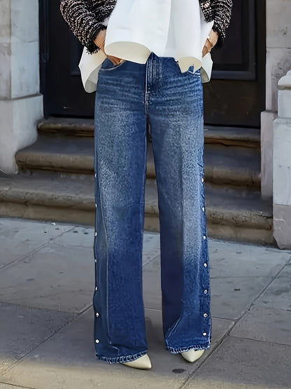 Wide Leg Denim Jeans with Side Snap Buttons, High Rise, Classic Blue Wash