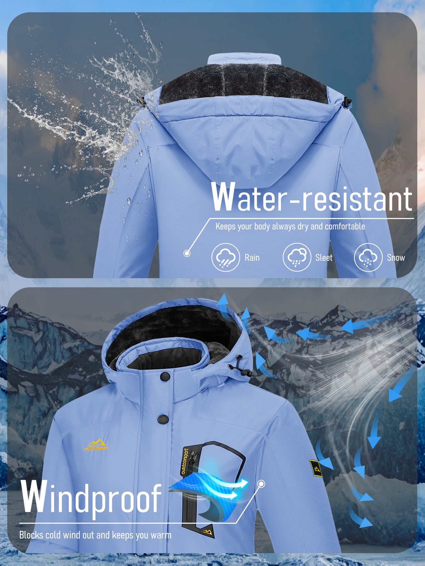 Winter Jacket for Women - Women's Ski Snowboard Jacket Thermal Fleece High Quality Insulated Snow Jacket Casual Work Jacket Outdoor Sports Coat Windbreaker Parka 4 Pockets Camping Snow Jacket Windproof Hood Warm Winter Hiking Fleece Lined Jacket