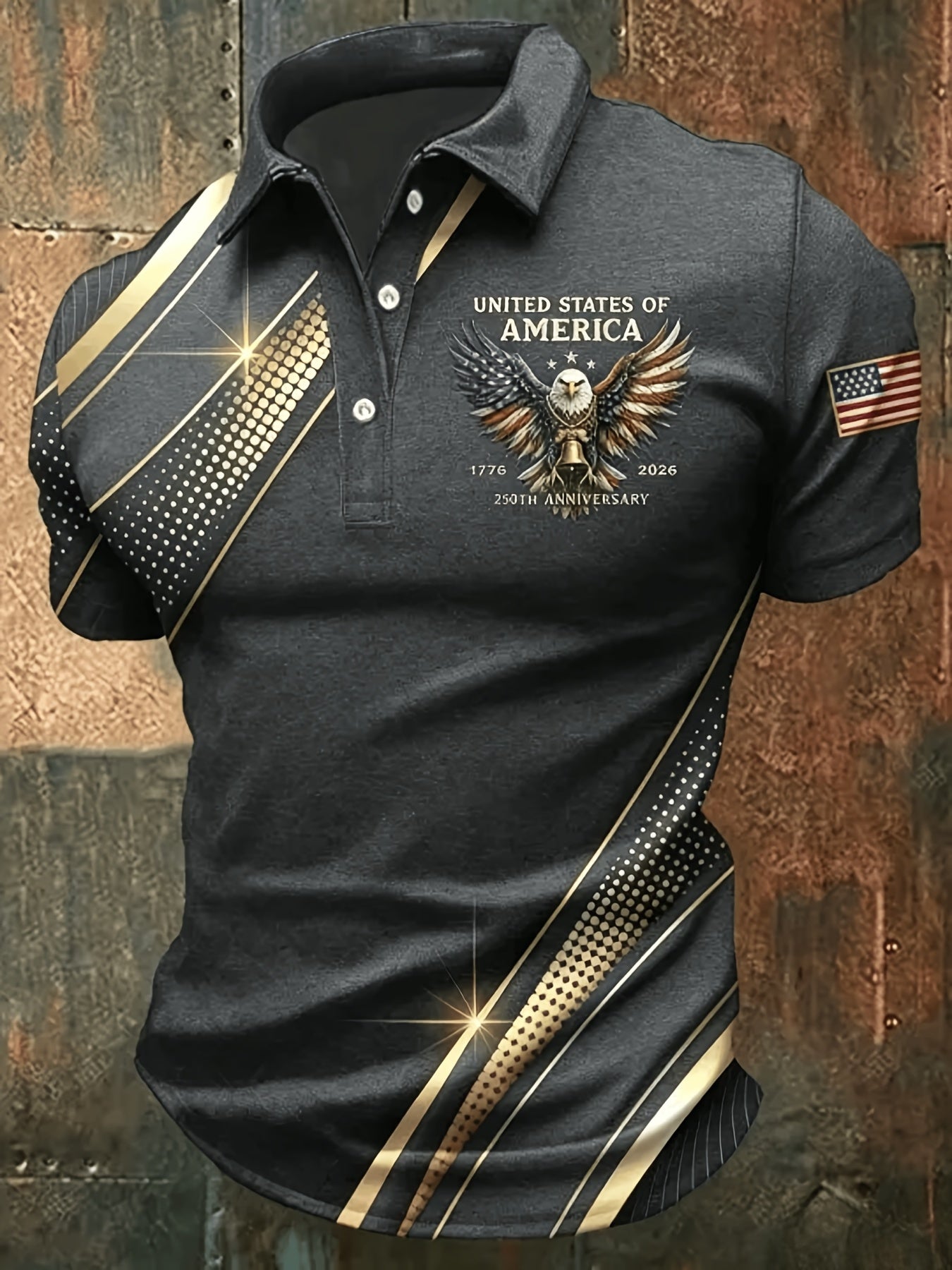 Plus-Size Men'S Summer Short-Sleeve Polo Shirt, Men'S T-Shirt, Men'S Top, American-Style Commemorative Flag Print Short-Sleeve, Golden Lines Eagle Print Design, Flag Sleeve Badge, Business Casual Short-Sleeve Top, Plus Size