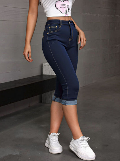 Women'S High - Waisted Denim Capris, Cuffed Hem, Dark Wash, Slim Fit for Casual Wear