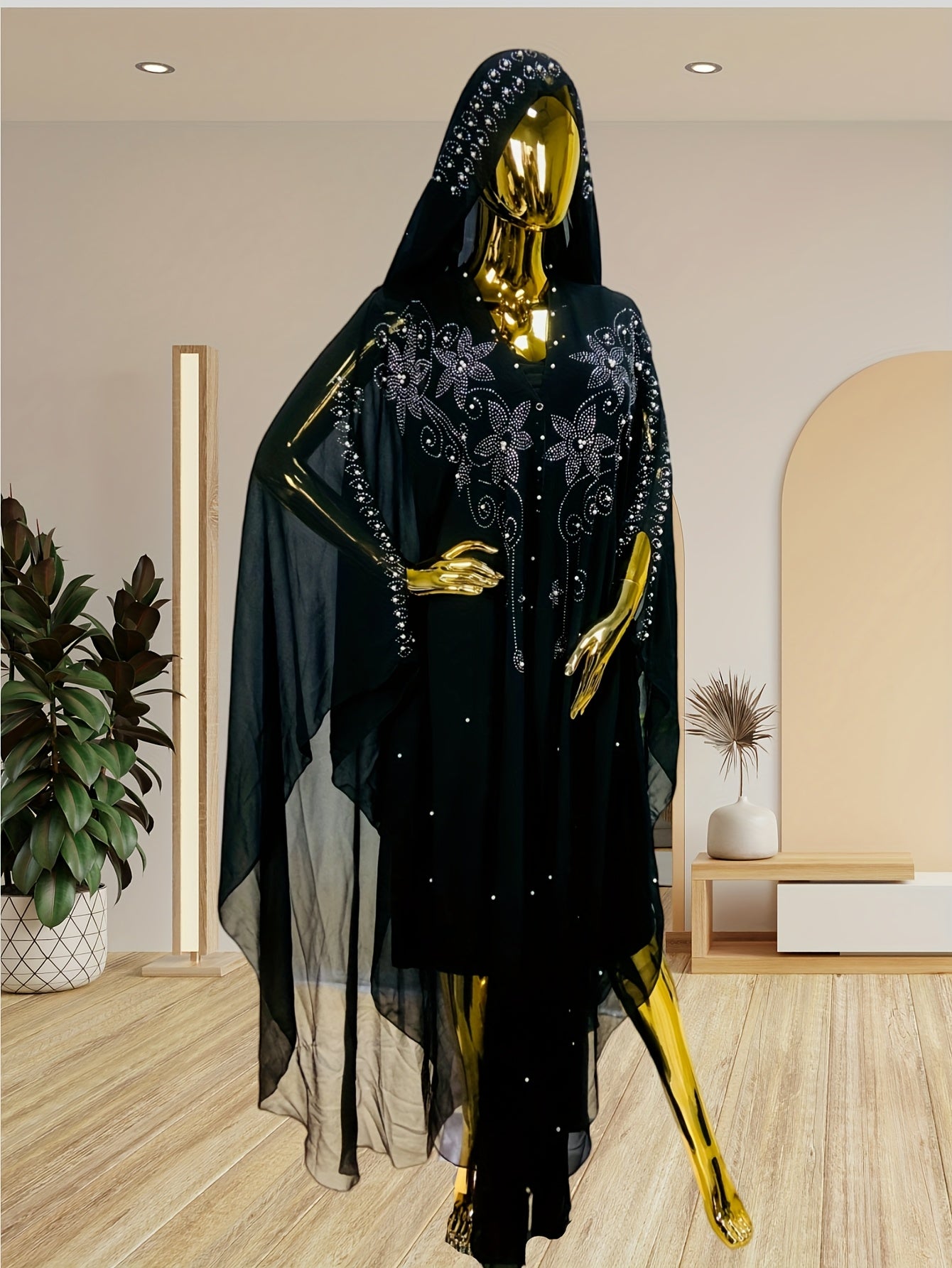 Chic Rhinestone Wrap for Women Featuring Trumpet Sleeves - A Loose-Fitting Long Cape Inspired by Middle Eastern Styles, Adorned with Semi-Sheer Pearls And Crystals, with a Split Hem Perfect for Summer Weddings And Formal Occasions