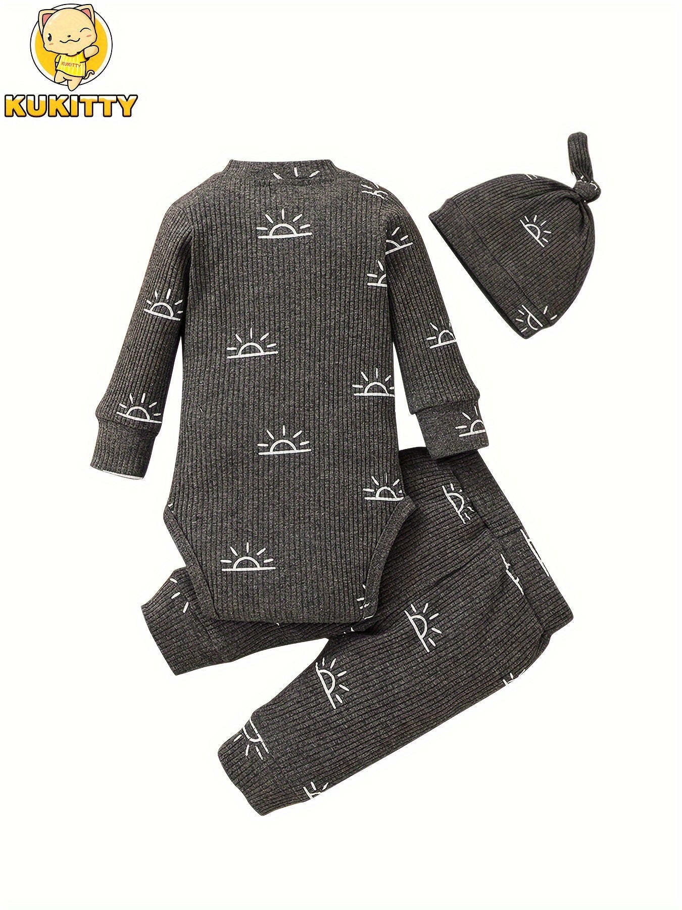 Kukitty Baby Boys Clothes Newborn Ribbed Long Sleeve Romper with Sun Pattern Pants Hat Outfits Set, for Outdoor