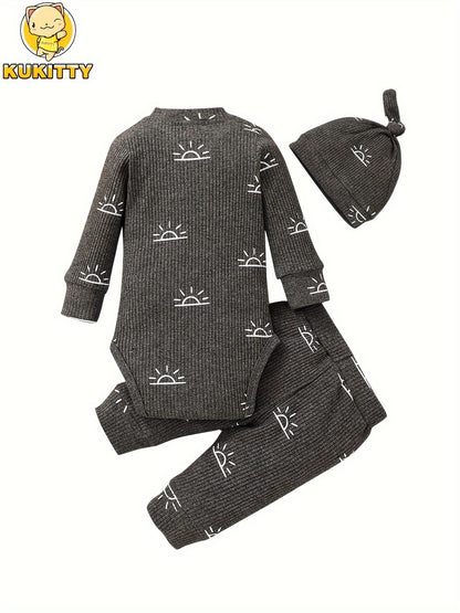 Kukitty Baby Boys Clothes Newborn Ribbed Long Sleeve Romper with Sun Pattern Pants Hat Outfits Set, for Outdoor