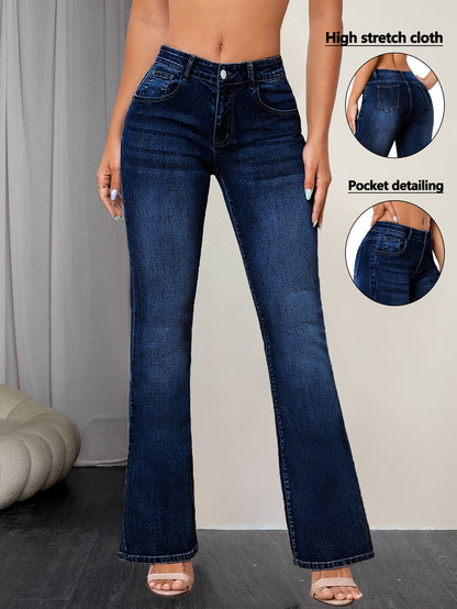 Women's High-Waisted Stretchy Flared Bell Bottom Jeans - Elegant Wash Blue Distressed Look, All-Season Skinny Fit Tapered Leg & Button Closure, Non-See-Through Heavyweight Denim Pants for Casual & Formal Outfits - Versatile Everyday to Formal Wear, Durabl