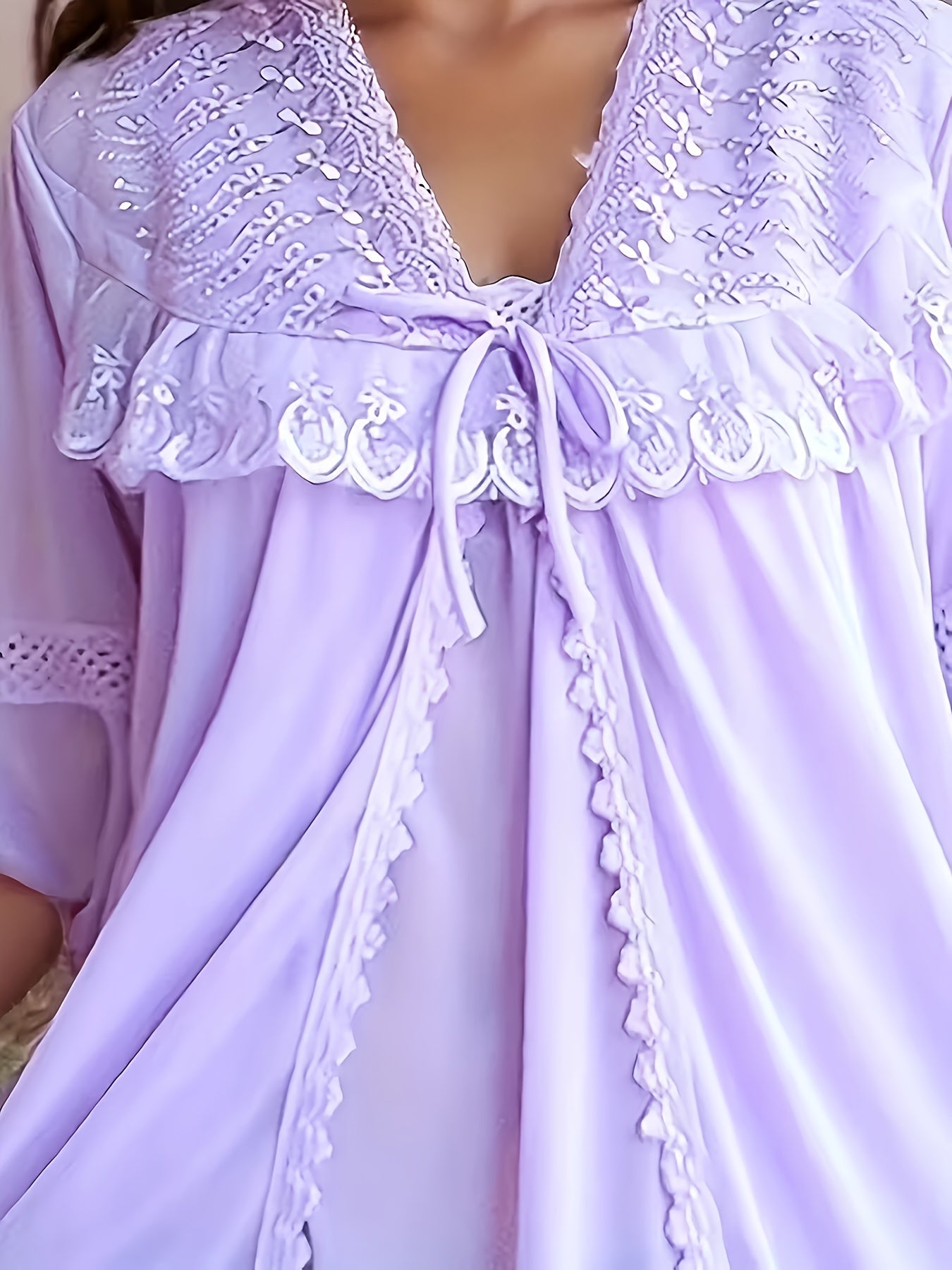[Valentine's Day Christmas] Long Lace Robe Two-Piece Set y Satin Fabric Kimono Style Home Wear Ruffle And Delicate Lace Trim The Fit Is Flowing And Elegant Ideal for Daily Use Or As A Fantastic Gift Choice for Valentine's Day And Christmas