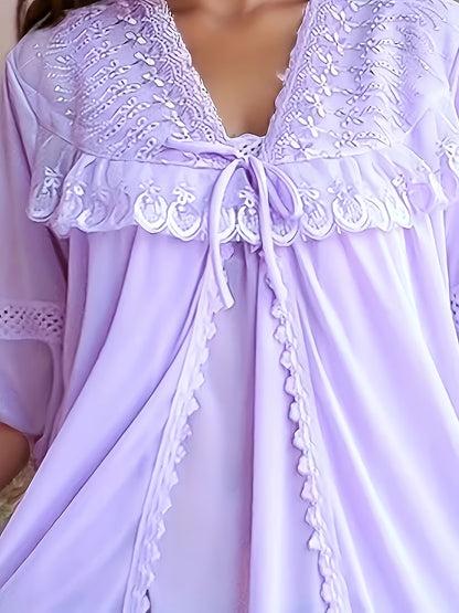 [Valentine's Day Christmas] Long Lace Robe Two-Piece Set y Satin Fabric Kimono Style Home Wear Ruffle And Delicate Lace Trim The Fit Is Flowing And Elegant Ideal for Daily Use Or As A Fantastic Gift Choice for Valentine's Day And Christmas