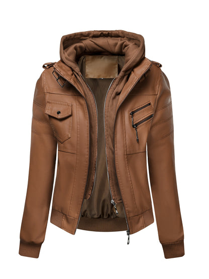 Women's Vintage-Style PU Leather Jacket - High Quality, Windproof, Tear- with Detachable Hood Casual Outdoor Riding Jacket