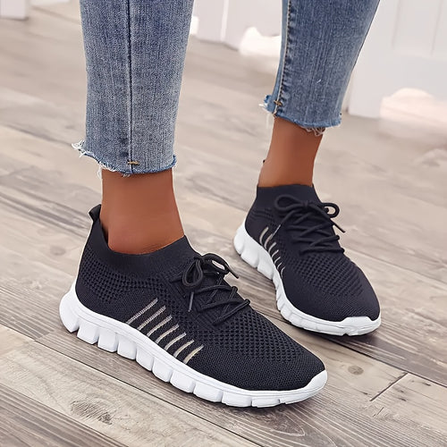 Fashionable Women'S Casual Comfortable Flat Sneakers, 2026 New Arrival Knitted Breathable Casual Low-Top Running Shoes, Fashionable Shock-Absorbing Rubber Sole Sports Shoes