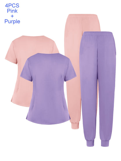 4pcs Set Of Multi-color Women's Round Neck Zipper Matte Breathable Sports Uniform Pocket Hand Washing Work Clothes Brush Hand Clothes Tying Feet Pants Set