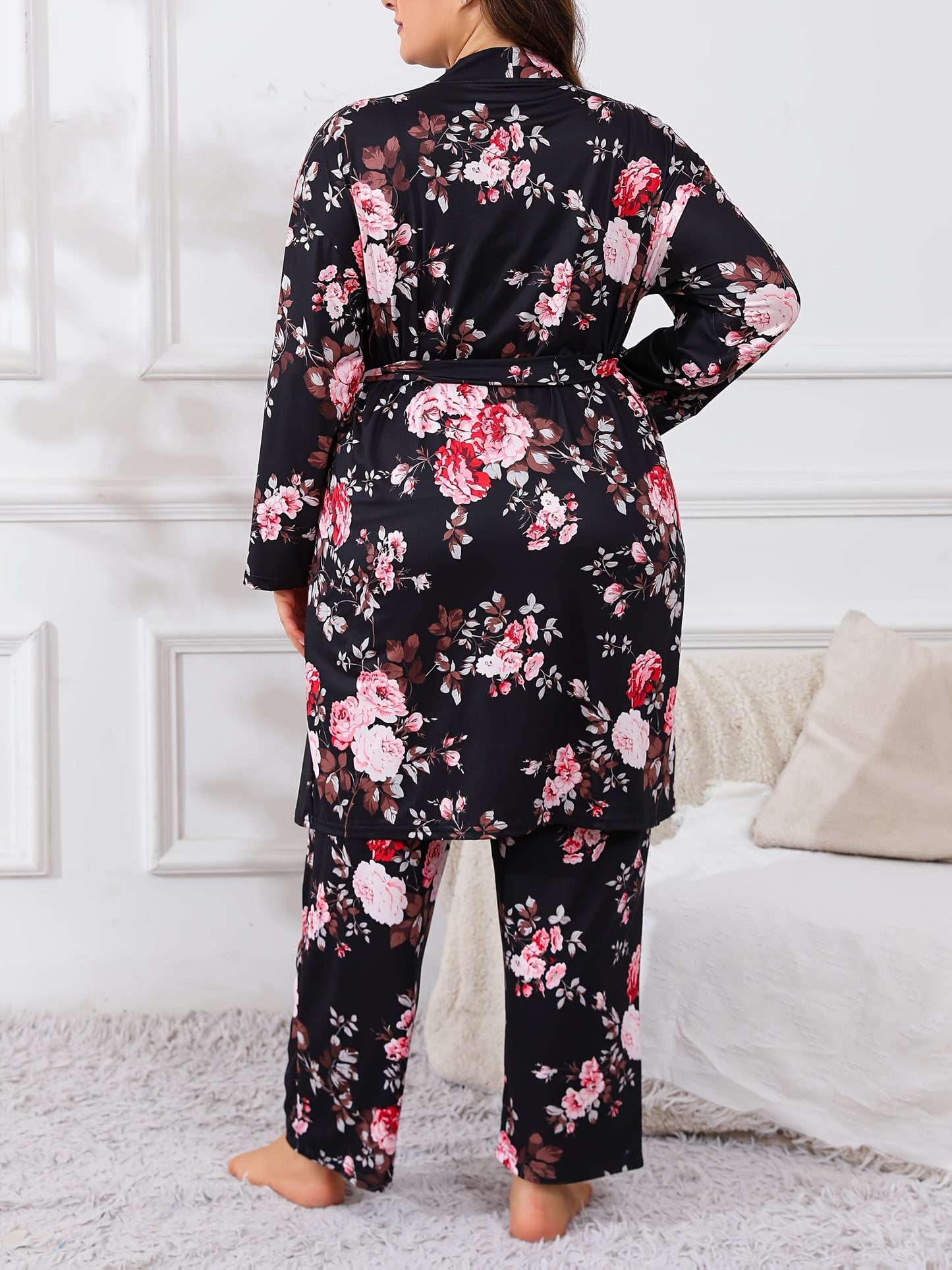 Large Size Women'S Flower Print Cami Top & Long Pants & Long Sleeve Robe 3pcs Elegant Casual Pajama Set