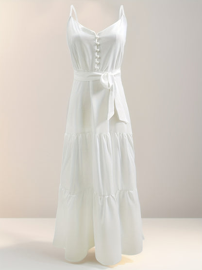 [Summer Suspender Dress] Level 1 Directional Women's Summer Solid Color Buttoned Waist Layered Suspender Dress