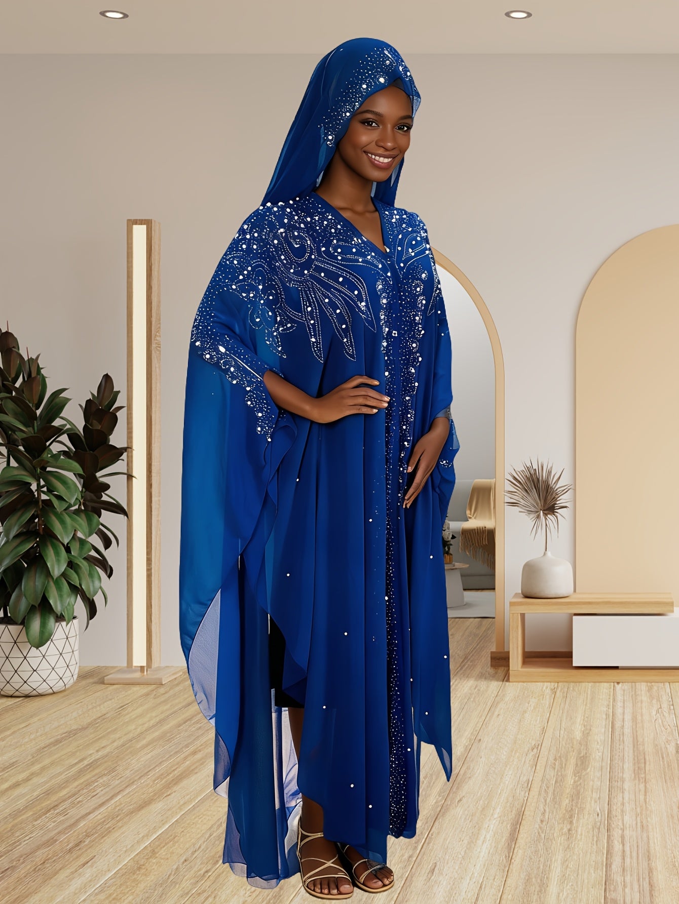 A Batwing Sleeve Shawl Wrap Adorned with Royal Blue Rhinestones, Inspired by Middle Eastern Styles. This Plus-Size Semi-Sheer Tunic Features a Loose Fit, Beaded Accents, And a Slit Hem, Perfect for Summer Weddings, Parties, And Cultural Gatherings