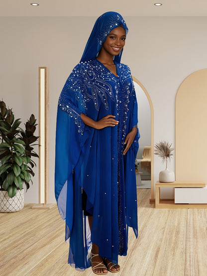 A Batwing Sleeve Shawl Wrap Adorned with Royal Blue Rhinestones, Inspired by Middle Eastern Styles. This Plus-Size Semi-Sheer Tunic Features a Loose Fit, Beaded Accents, And a Slit Hem, Perfect for Summer Weddings, Parties, And Cultural Gatherings