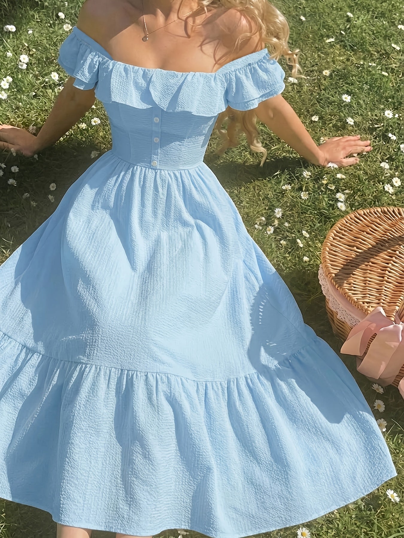 [Elegant Romantic Dress] Women's Spring/Summer Off-Shoulder Ruffled Waist Dress | Elegant Romantic Design, Showcasing Soft Temperament, Ideal for Dates, Outings And Daily Wear