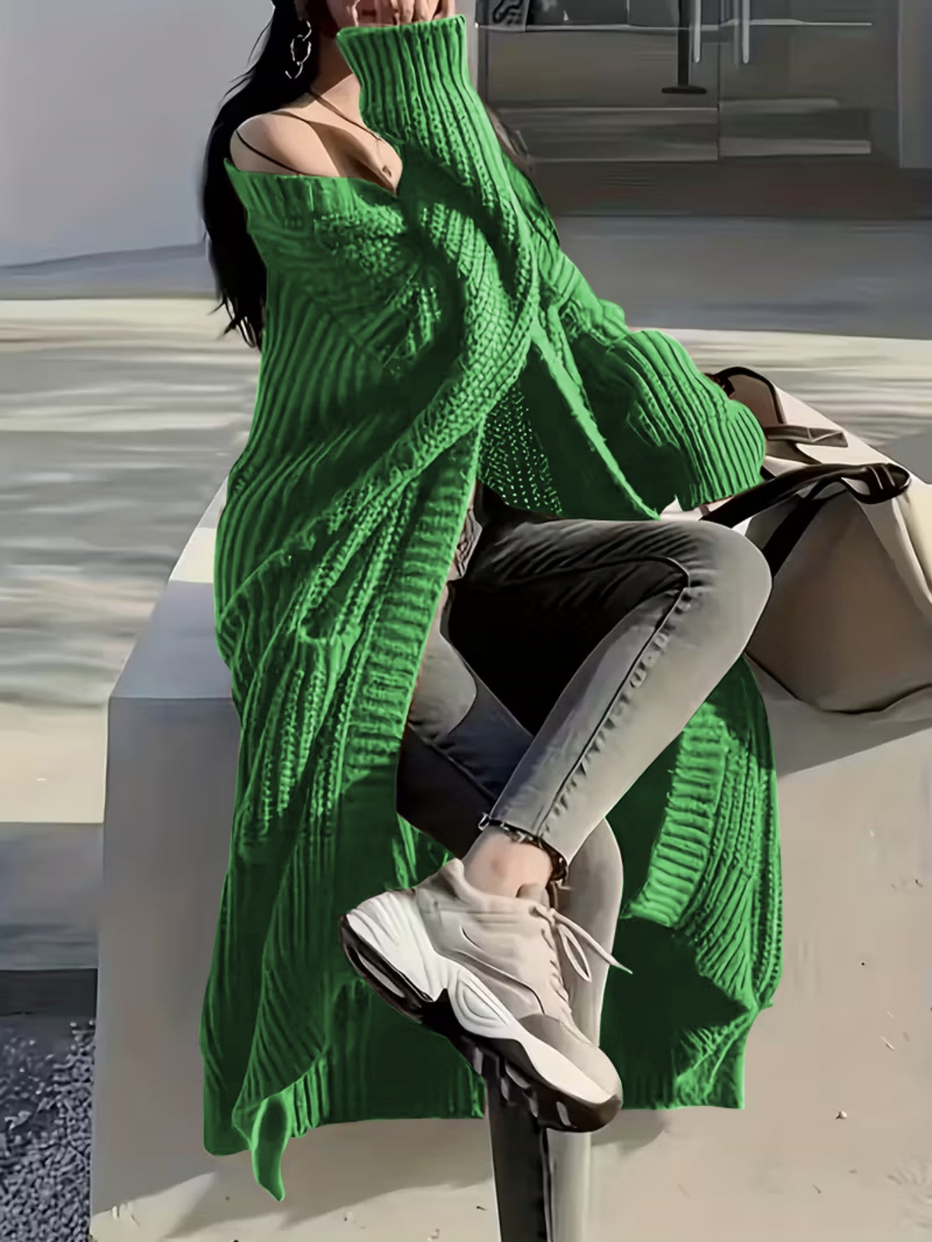 Plus Size, Solid Color Plus-Size Women's Long Pocket Cardigan Loose Over-the-Knee Sweater Coat Fashion Versatile Outerwear