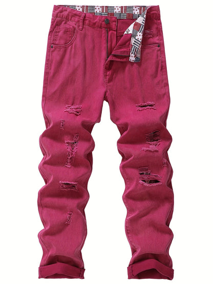 Men's Non-Stretch Ripped Tapered Denim Jeans - Distressed Streetwear Pants with Tapered, Ripped Hem & Flag Suitable for - Wear, Machine Washable Regular Fit for Urban Fashion and Casual Outfits